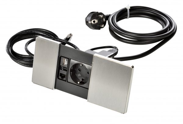 VersaPAD, power station with sliding covers, 1 earthed socket, 1 RJ45 (CAT 6 UTP), 1 USB port, 939622018 colour: brushed aluminium
