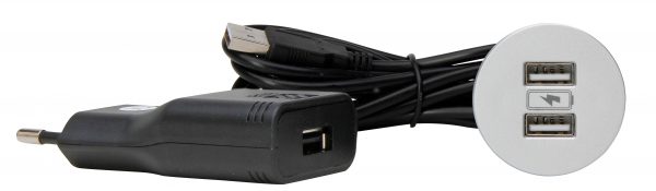 VersaPICK, USB installation set with 2 USB ports, design: round, plastic, colour: aluminium 939721010