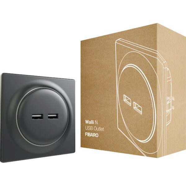 FIBARO Χωνευτή πρίζα USB (Ανθρακί) - Σειρά Walli FGWU-021-8