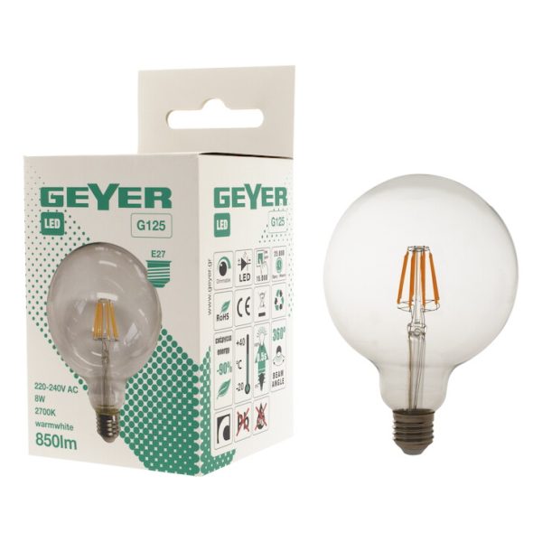 Geyer λαμπτήρας LED Γλόμπος Filament G125 8W E27 2700K LFGNW278
