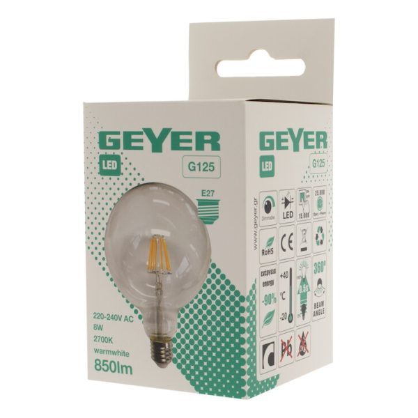 Geyer λαμπτήρας LED Γλόμπος Filament G125 8W E27 2700K LFGNW278 - Image 2