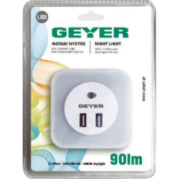 Geyer LED Φωτάκι Νυκτός με 2ΧUSB + Sensor LN-USB2