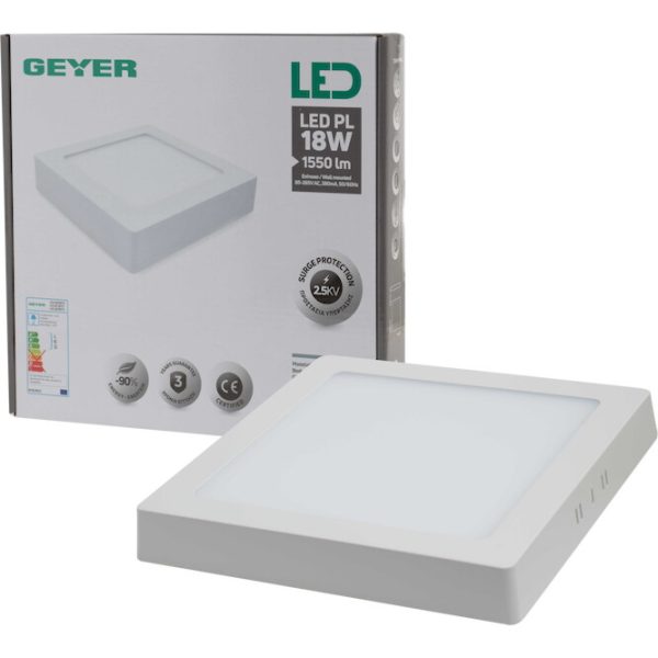 Geyer Επίτοιχο PL LED τετράγωνο 18W 4000K 225x225mm LPLAC18TS