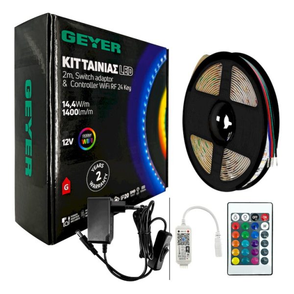 KIT Ταινίας LED 14,4W 12V RGBW IP20 2m + Αντάπτορας με διακόπτη + Χειριστήριο WiFi RF 24 Key