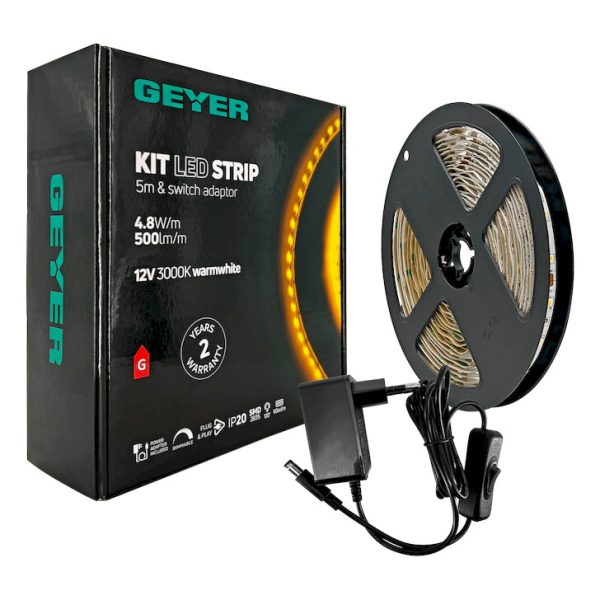 KIT Ταινίας LED 4,8W 12V 3000K IP20 5m + Αντάπτορας με διακόπτη - Image 3