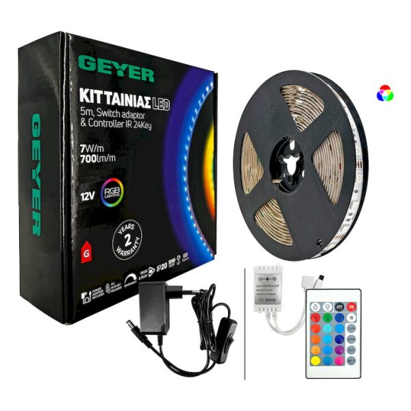 KIT Ταινίας LED 7W 12V RGB IP20 5m + Αντάπτορας με διακόπτη + Χειριστήριο IR 24Key - Image 3
